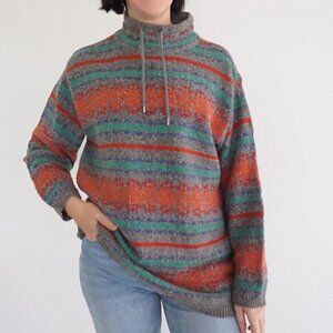 Vintage '90S Lizwear Grey Knit w Red Green Cotton Blend Mockneck Sweater M